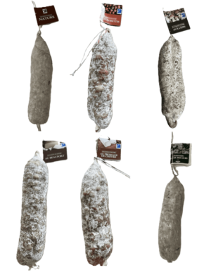 6 saucissons Lot de 6 saucissons (pur porc, noisette, cèpes, beaufort, fromage de chèvre, ail des ours)