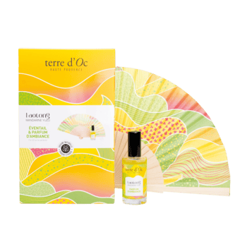 Coffret éventail et parfum d'ambiance mandarine-yuzu Laotong 50ml
