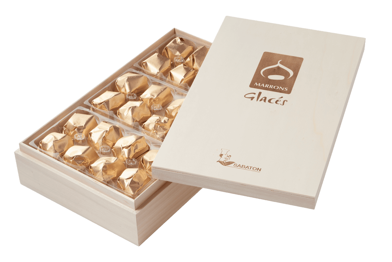 Marrons glacés pliés coffret bois décorés