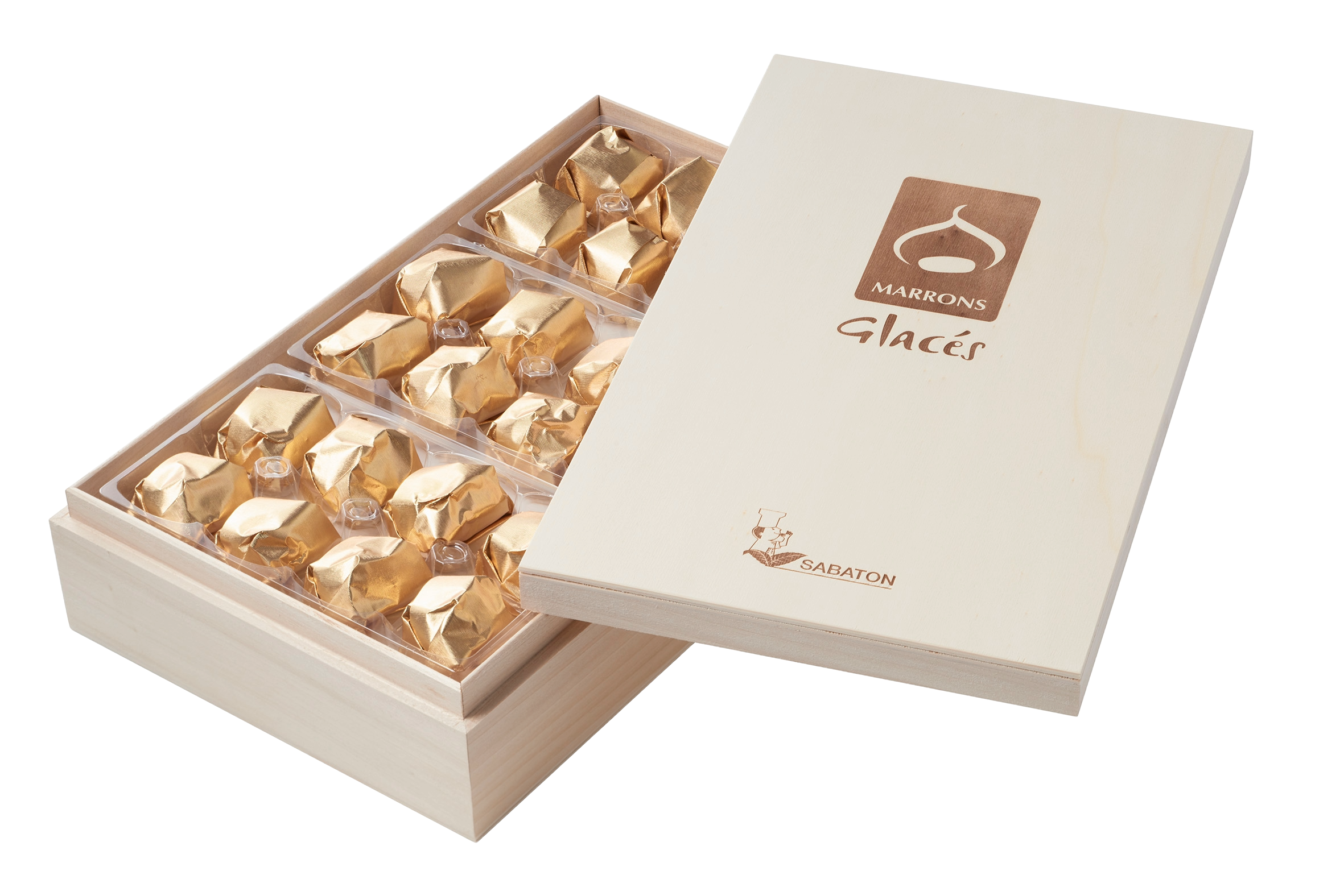 Marrons glacés pliés coffret bois décorés